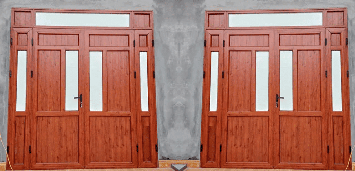 Cửa nhôm vân gỗ 2 cánh: -Khuôn bản rộng 100mm -Không phào nẹp